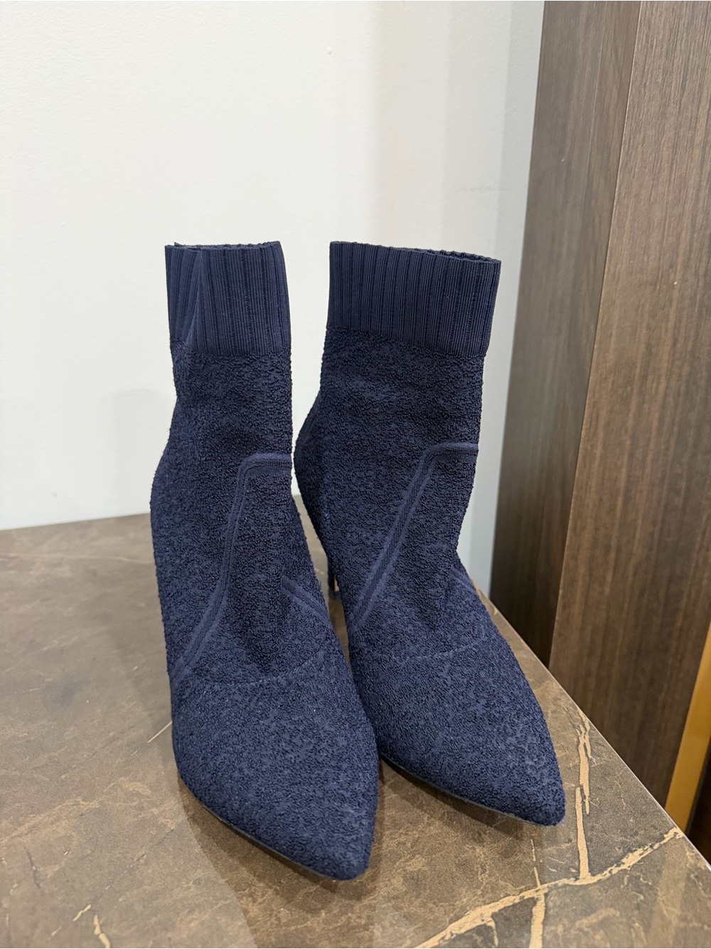 Gianvito Rossi Navy Knit Pointed Sock Ankle Boots